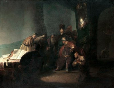 Judas geeft de dertig zilverstukken terug door Rembrandt van Rijn